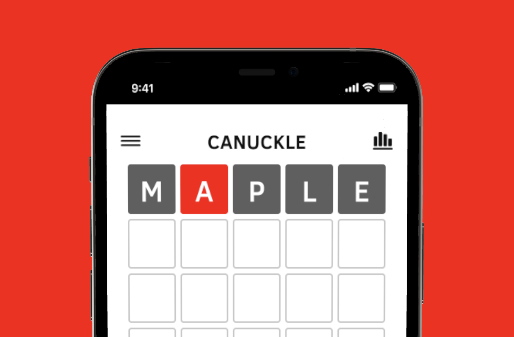 Canuckle word game on mobile showing the five letter word MAPLE as the first guess on a red-themed game board, a Canada-themed Wordle style game