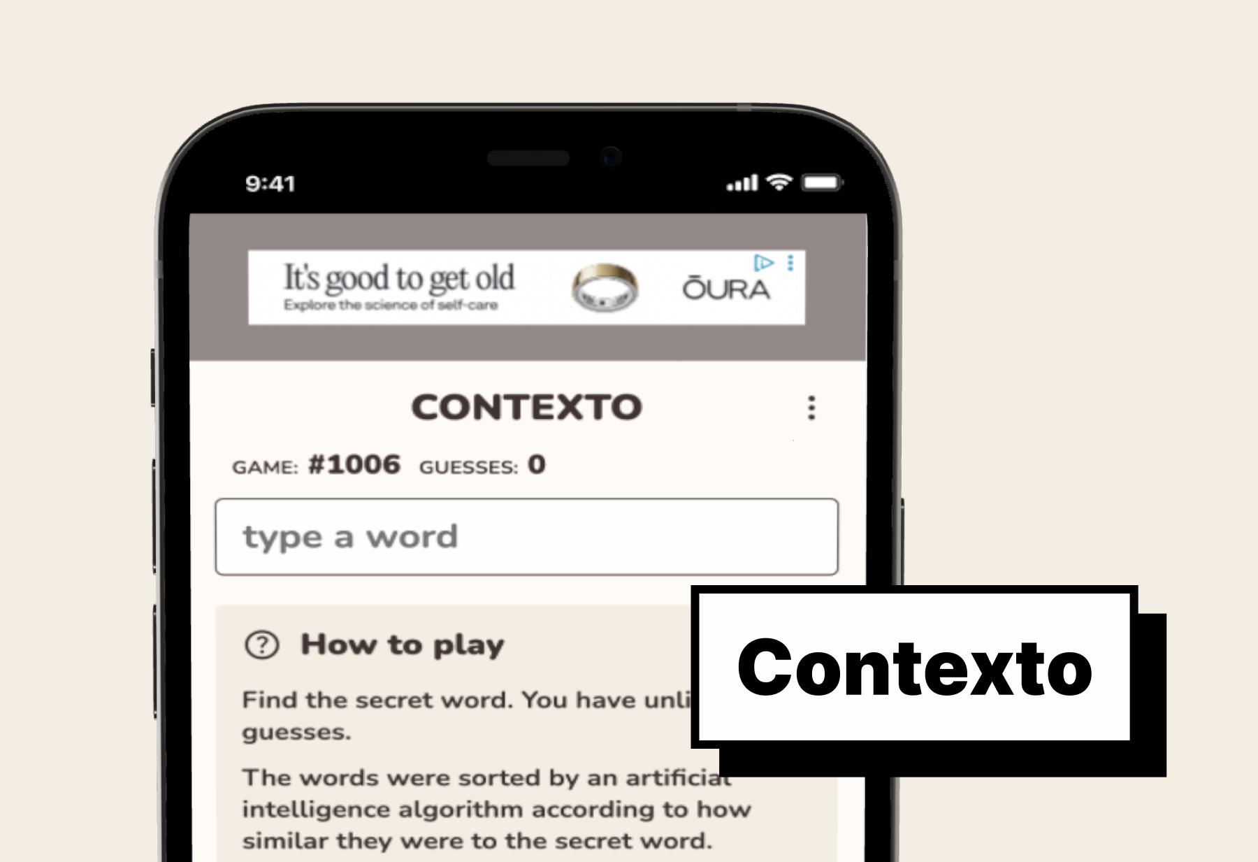 Contexto word-guessing game displayed on a smartphone, prompting players to find the secret word.