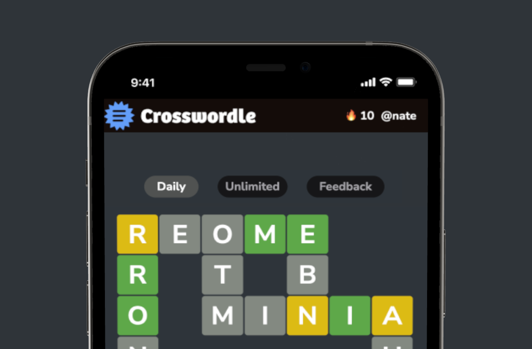Crosswordle dark mode screen