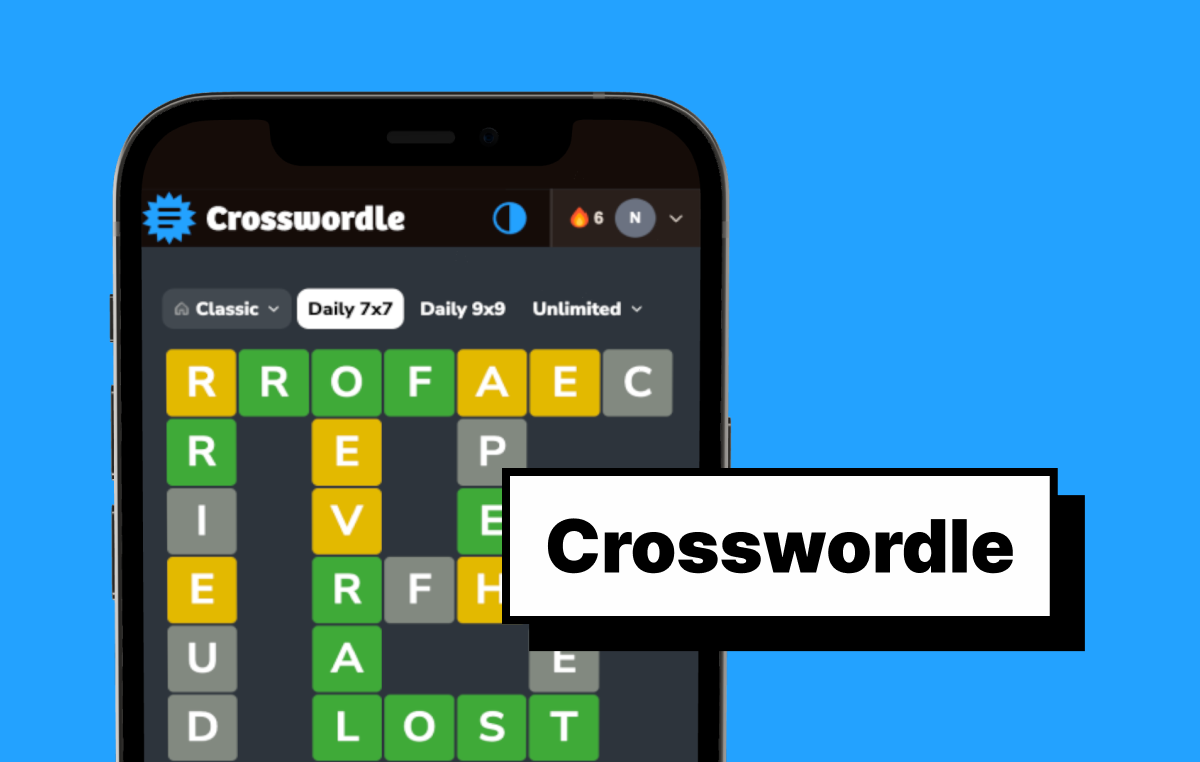 Crosswordle daily word puzzle displayed on a smartphone against a bright blue background.