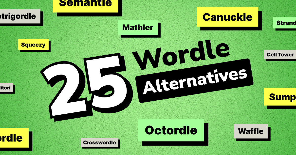 25 Wordle style games including Semantle, Mathler, Canuckle, Crosswordle, Octordle, Waffle, and Squeezy displayed on a green background