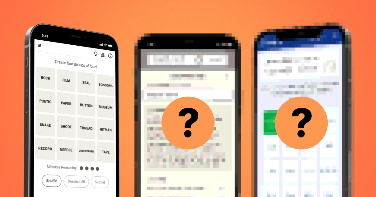 Three smartphones showing NYT Connections and two mystery alternative word puzzles against an orange background.
