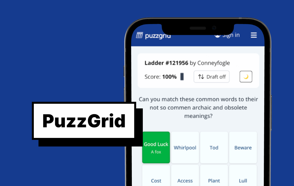 PuzzGrid word-matching puzzle displayed on a smartphone against a dark blue background.