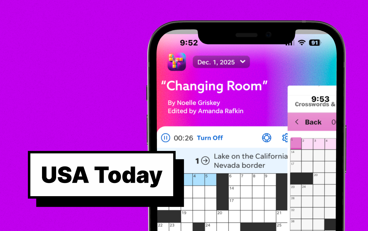 USA Today Crossword daily puzzle showing traditional 15x15 grid and clue interface