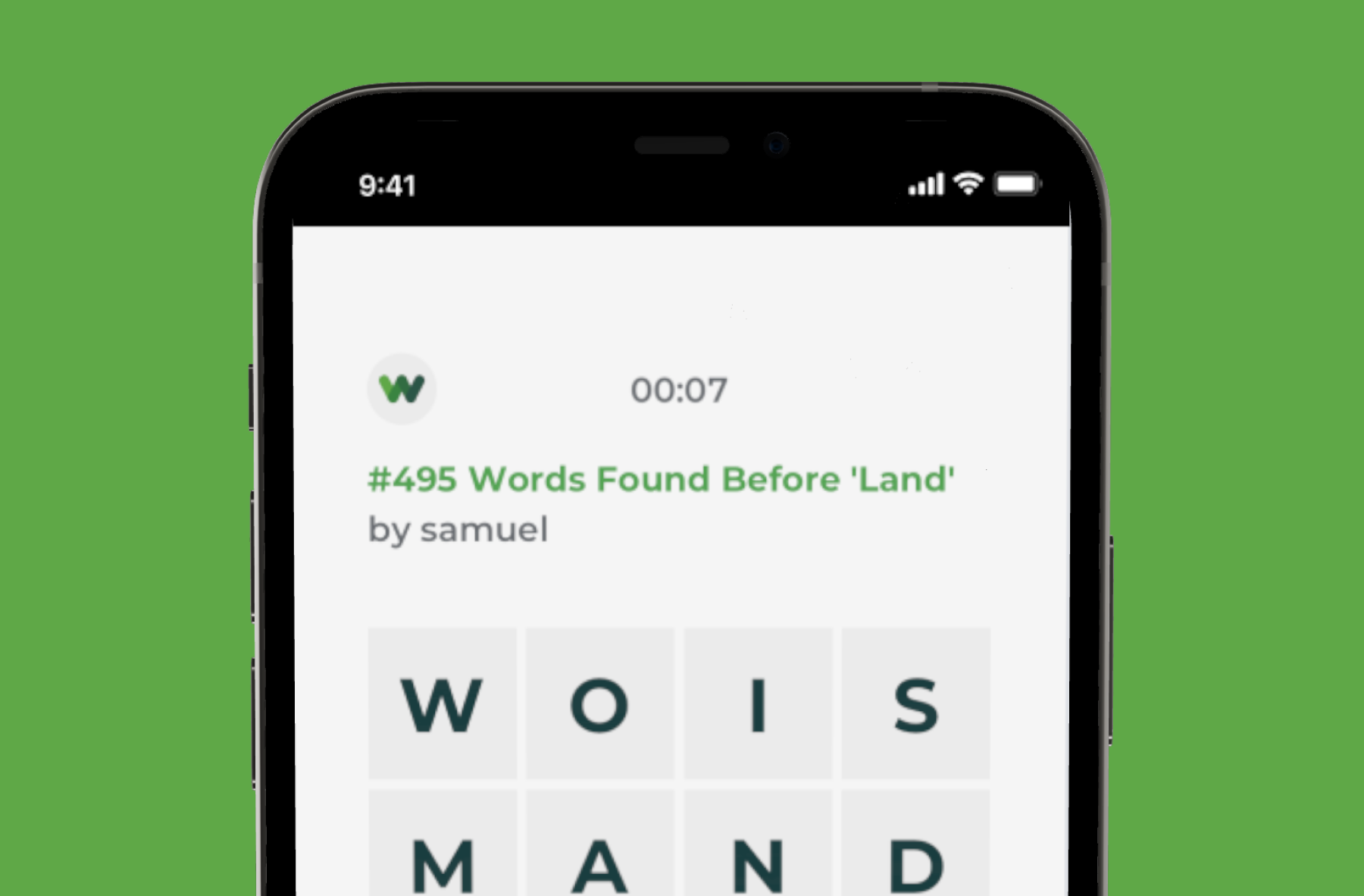 A word-finding puzzle game on mobile showing puzzle #495 titled 'Words Found Before Land' by samuel, with a 7-second timer and letter tiles spelling W, O, I, S, M, A, N, D on a green background