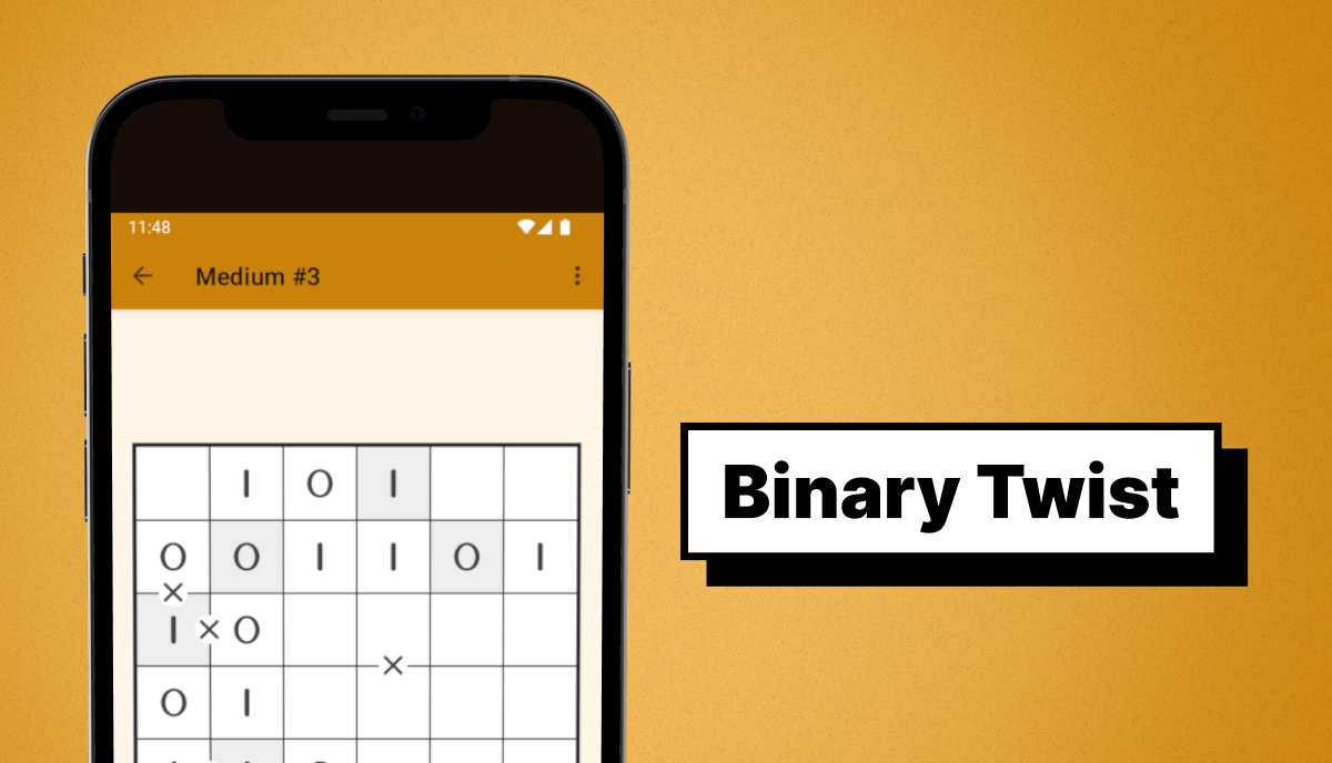 Binary Twist mobile game screen showing a Takuzu-style binary puzzle grid with zeros and ones beside the label Binary Twist.