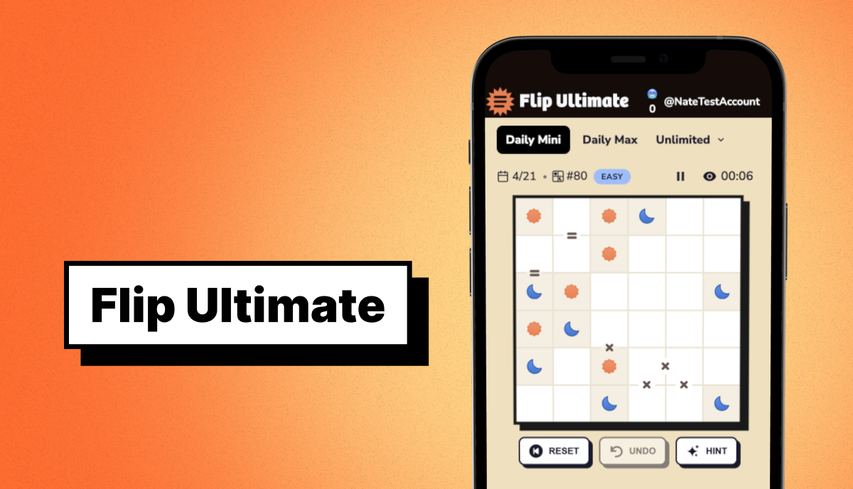 Flip Ultimate mobile game screen showing a Daily Mini puzzle with sun and moon symbols on a grid beside the label Flip Ultimate.