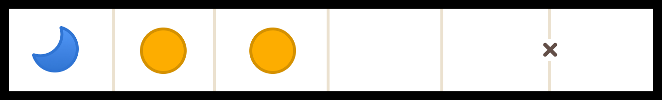 Tango puzzle row showing a blue moon followed by two orange suns, with an empty cell next to a difference clue.