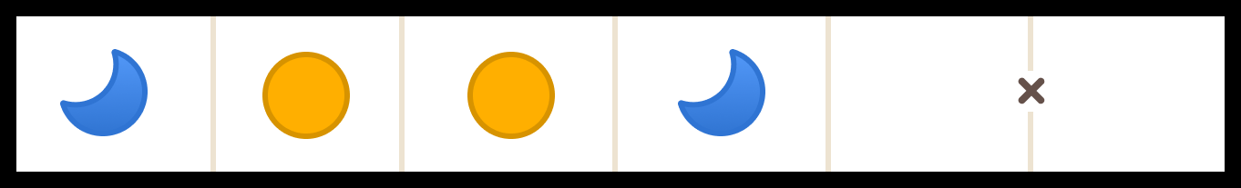 Tango puzzle row showing a blue moon, two orange suns, and another blue moon beside a difference clue.