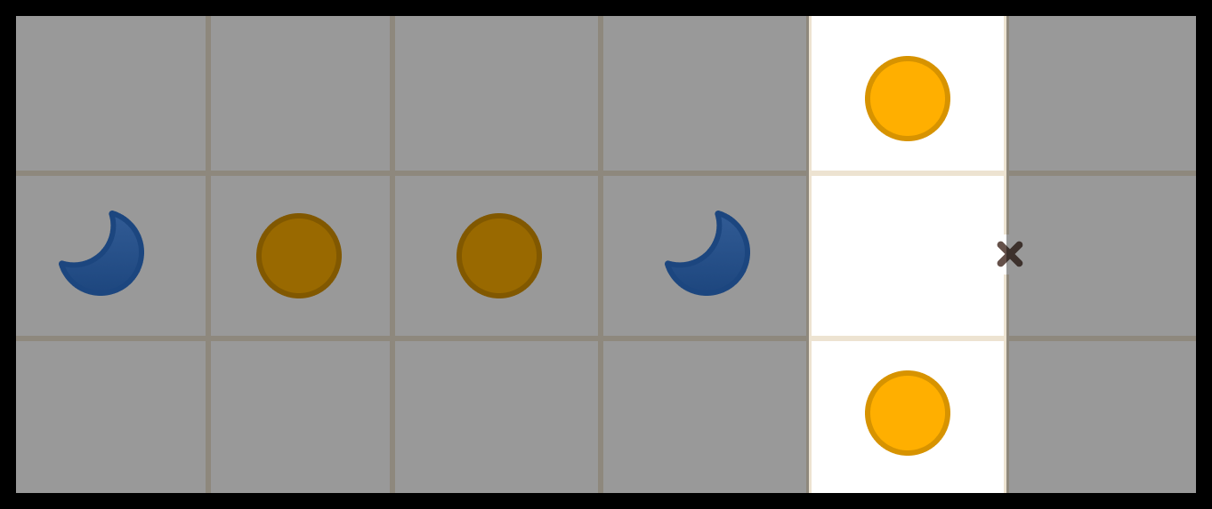 Tango puzzle grid example highlighting a vertical move where two orange suns appear in the same column next to a difference clue.