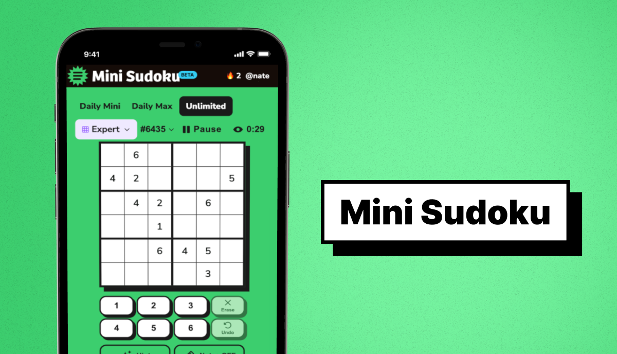 Mini Sudoku mobile game screen showing a 6x6 Sudoku puzzle grid in Unlimited mode beside the label Mini Sudoku.
