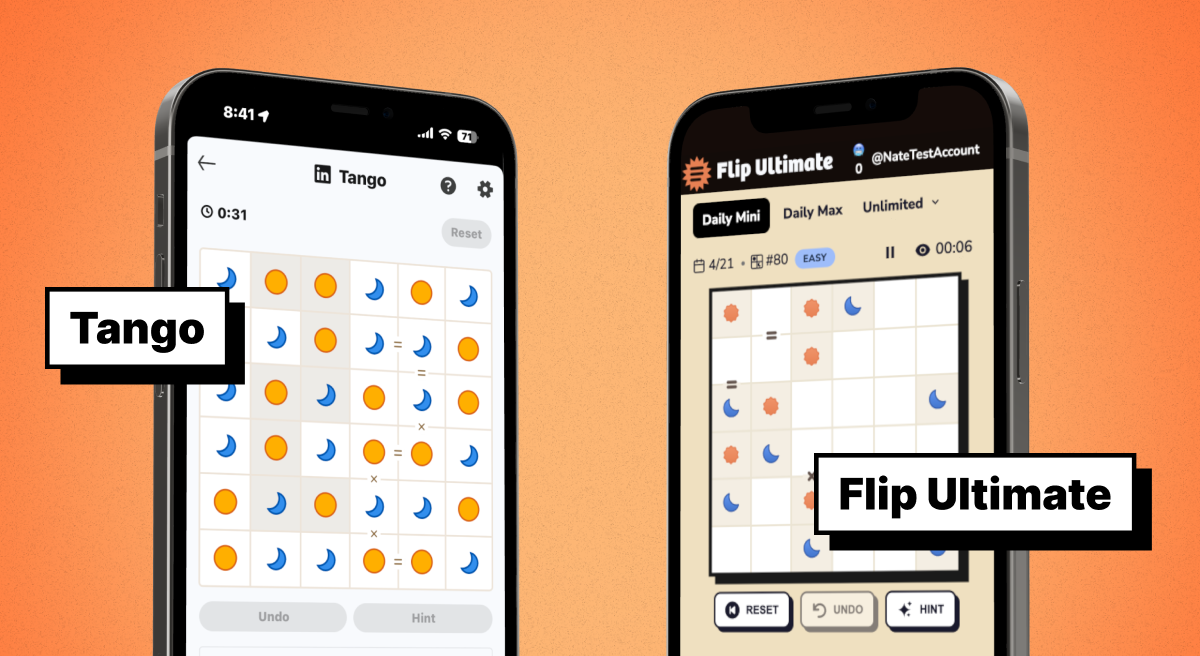 Side-by-side mobile screens comparing Tango and Flip Ultimate, both showing symbol-based logic puzzle grids.