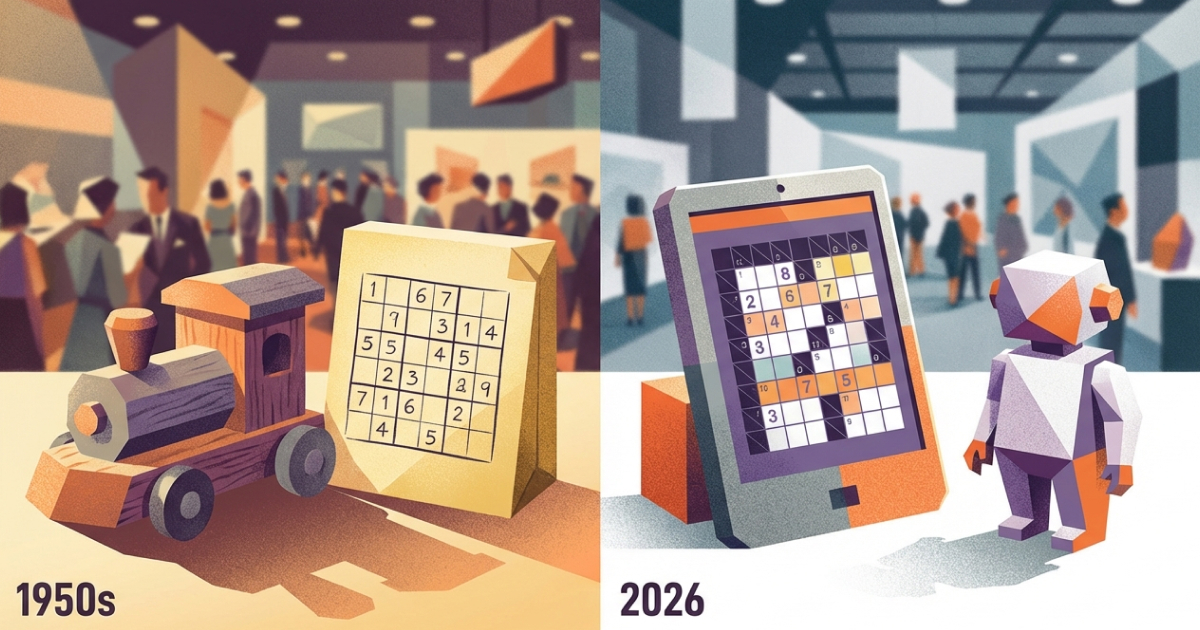 Illustration eines Vergleichs zwischen 1950er Jahren und 2026: Links eine Holzeisenbahn mit Papier-Kakuro-Rätsel auf einer Spielwarenmesse, rechts ein Tablet mit digitalem Kakuro-Spiel neben einem kleinen Roboter