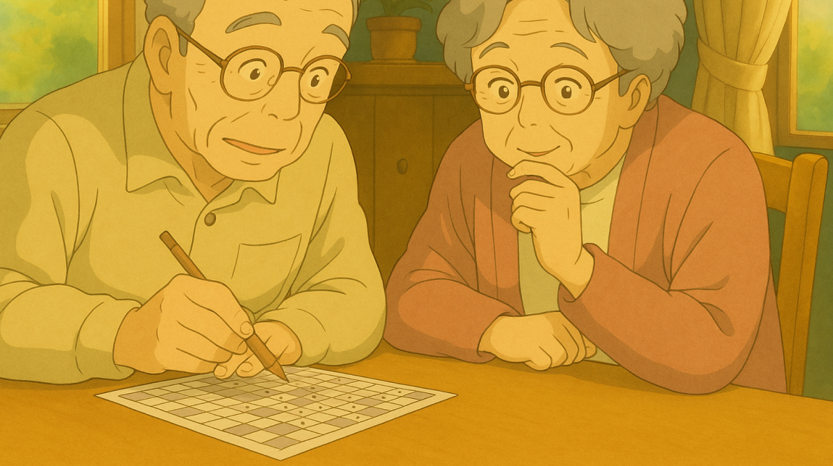 An elderly couple sharing a Kakuro game together