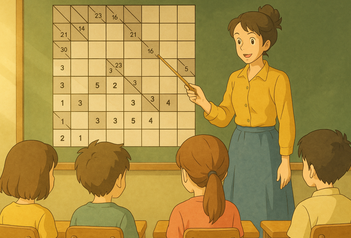 A teacher showing her classroom how to solve Kakuro
