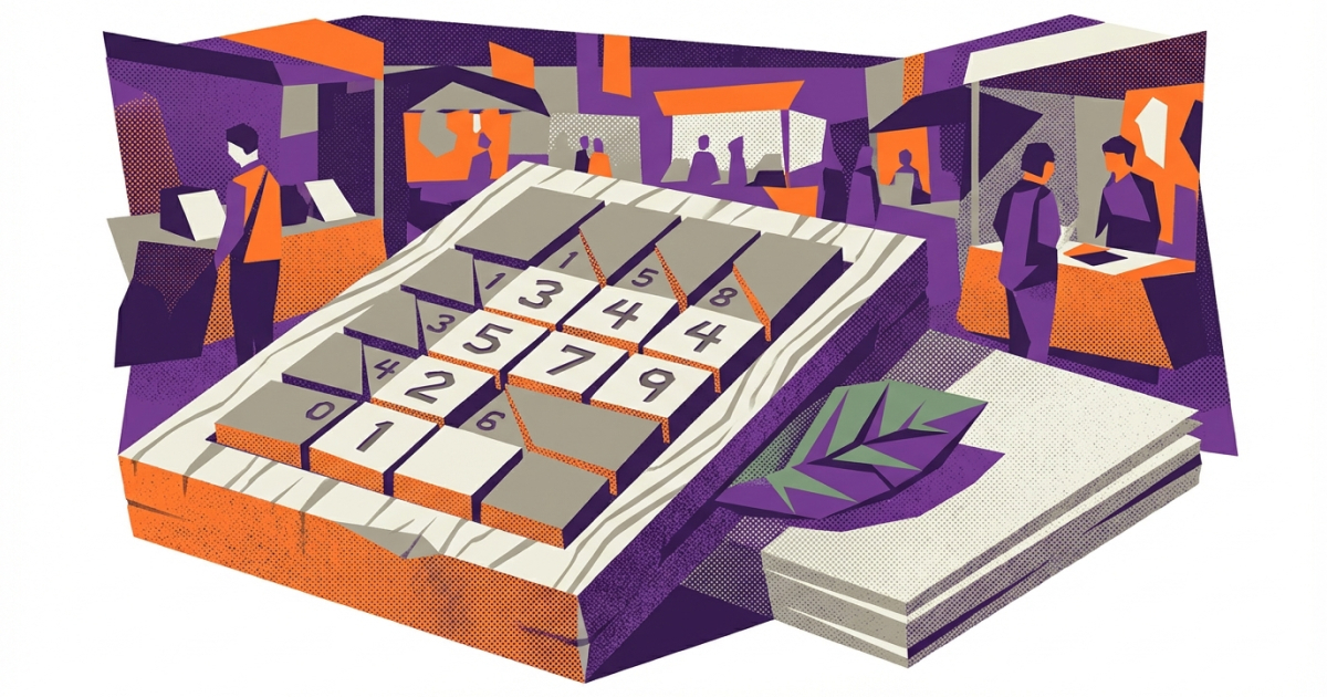 Illustration eines Kakuro-Rätselbretts auf einer Messe, mit Ausstellerständen und Besuchern im Hintergrund. Ein Stapel umweltfreundlicher Rätselhefte mit Blatt-Symbol liegt daneben. Lila und orangefarbenes Farbschema.