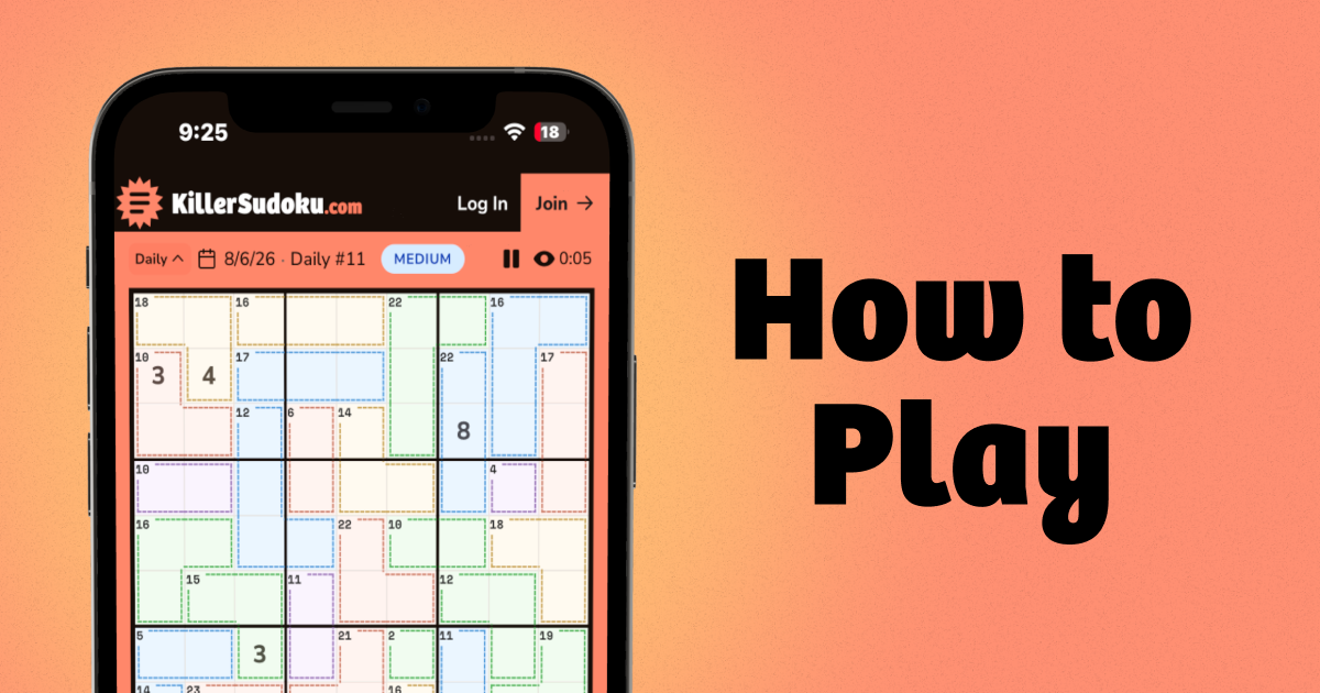 Killer sudoku grid on a phone at killersudoku.com, showing dashed cages with cage sums — next to the words "How to Play."