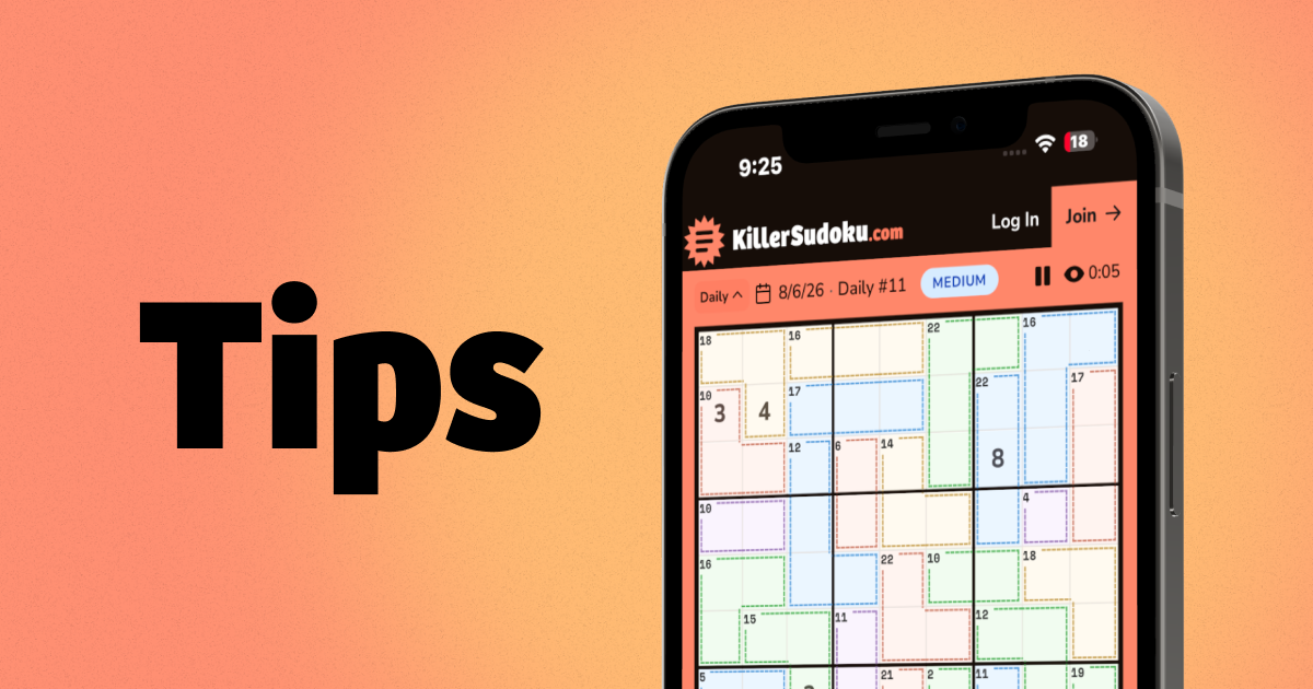 "Tips" in large black text beside an iPhone showing a killer sudoku puzzle on KillerSudoku.com, with colorful dashed cages on the grid.
