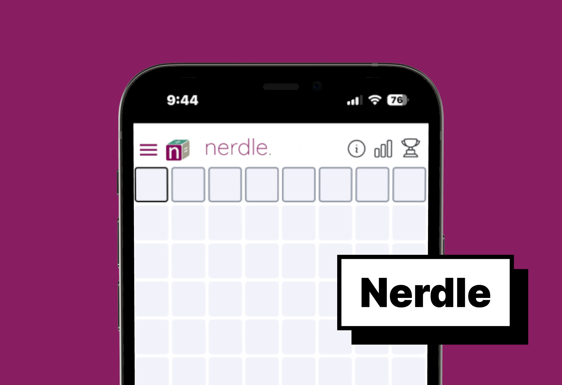 Nerdle game interface on a mobile phone showing an empty equation grid against a purple background.