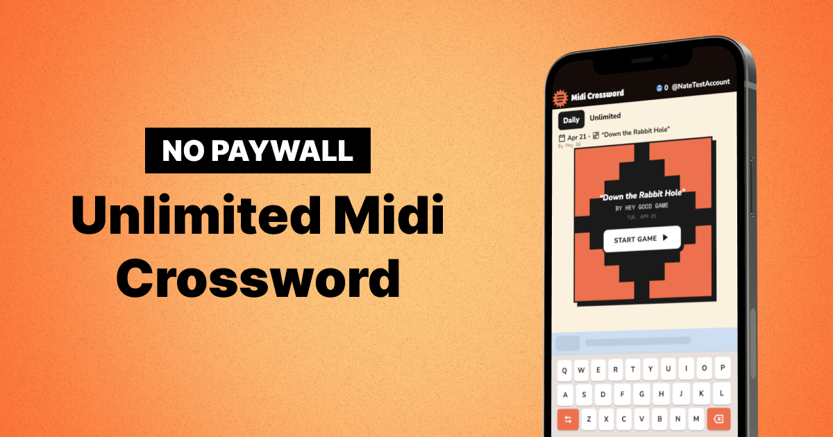 Orange graphic reading “No Paywall” and “Unlimited Midi Crossword,” with a smartphone mockup on the right showing the Midi Crossword game screen and a Start Game button.