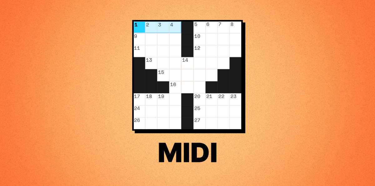 A blank 9×9 Midi crossword grid with numbered squares and black blocking squares, labeled "MIDI."