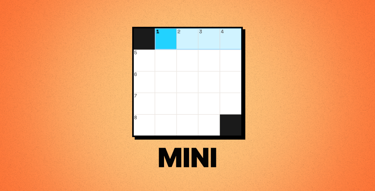 A blank 5×5 Mini crossword grid with numbered squares and one shaded clue across the top row, labeled "MINI."