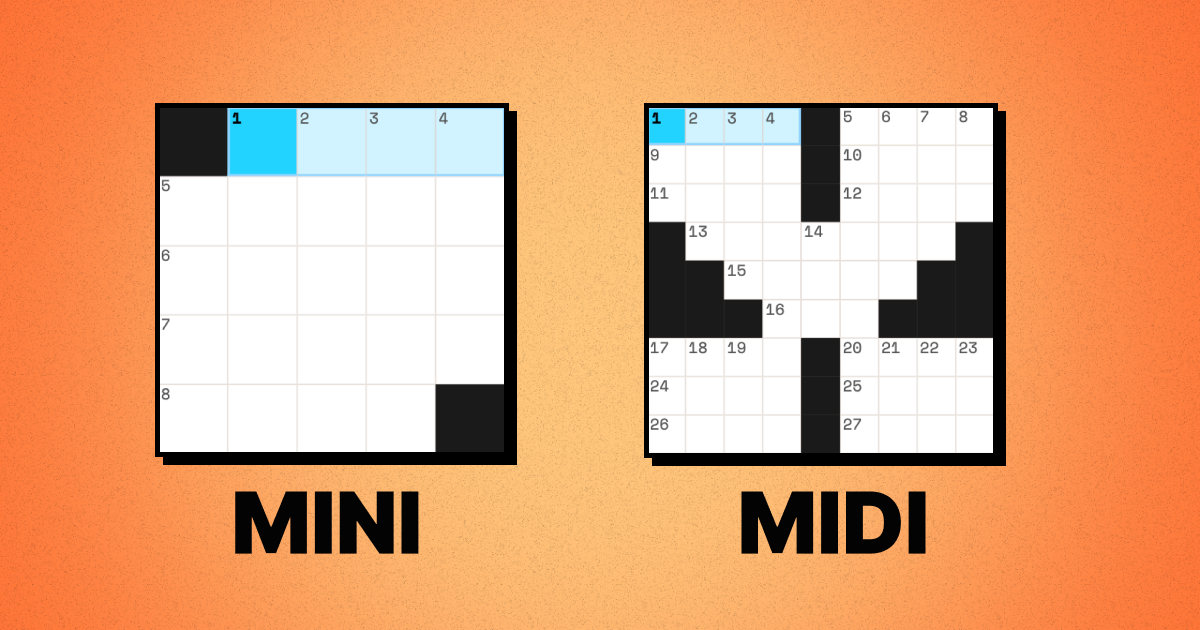 A blank 5×5 Mini crossword grid next to a blank 9×9 Midi crossword grid, labeled "MINI" and "MIDI," showing the Midi as the larger step up in size.
