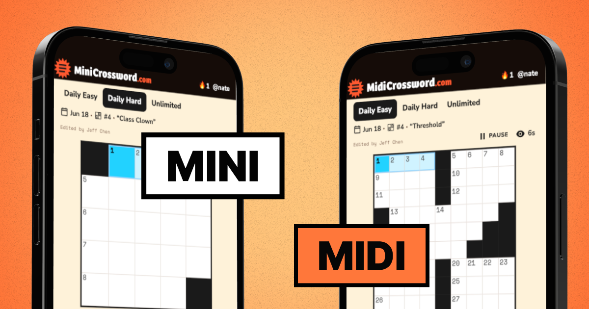 Two phone screens side by side: MiniCrossword.com showing a 5×5 grid and MidiCrossword.com showing a larger 9×9 grid, labeled "MINI" and "MIDI" to compare the two daily crossword sizes.