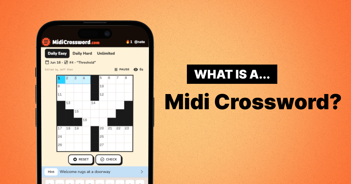 What is a midi crossword? A 9×9 daily Midi crossword puzzle shown on MidiCrossword.com, mid-solve with a hint and check feature — larger than the 5×5 Mini, smaller than the full crossword.