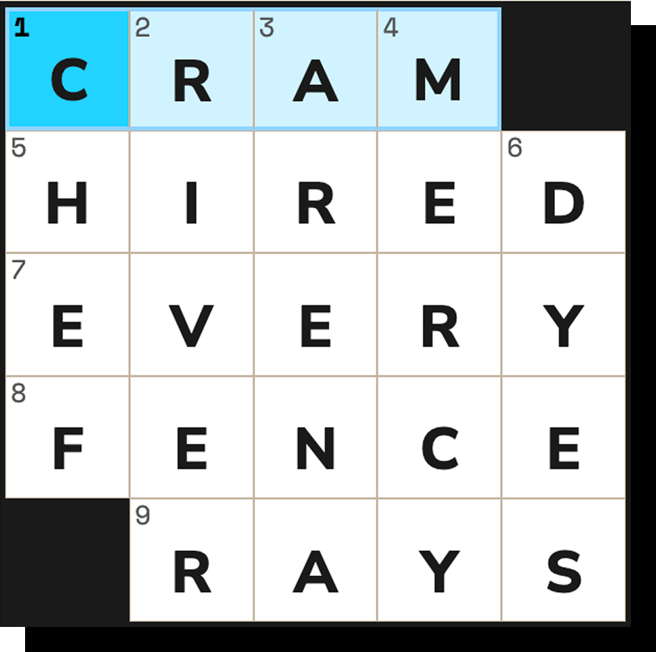 Completed mini crossword grid solved from the crossing letters, with 1-Across reading CRAM across the top row
