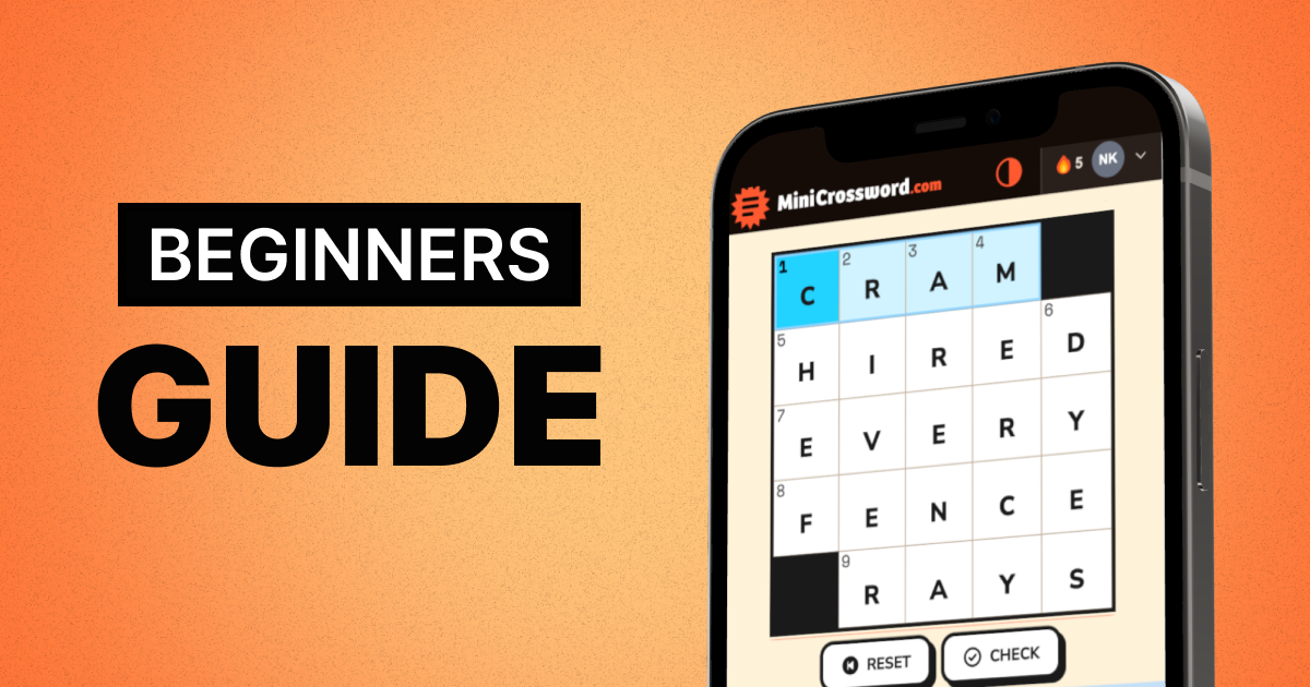 "Beginners Guide" graphic showing a completed Mini Crossword on a phone, with 1-Across reading CRAM