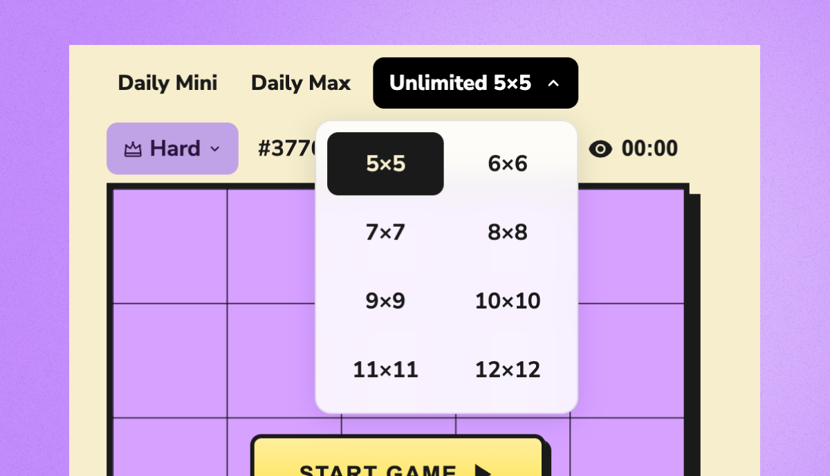 Queens Ultimate unlimited mode showing adjustable difficulty levels from 5x5 to 12x12 grid