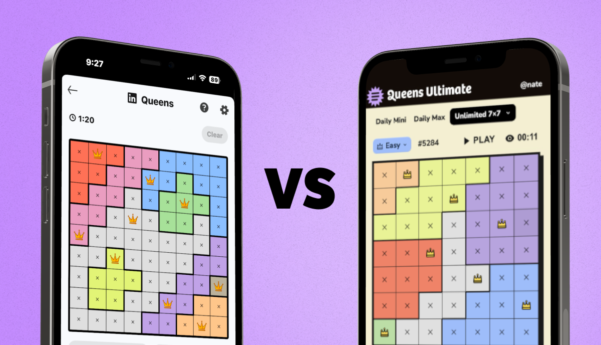 LinkedIn Queens vs Queens Ultimate side by side interface comparison showing unlimited puzzles