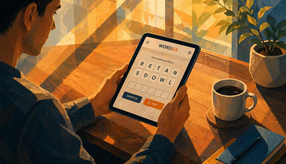 Person solving a word scramble puzzle on a tablet at a sunlit table with coffee.