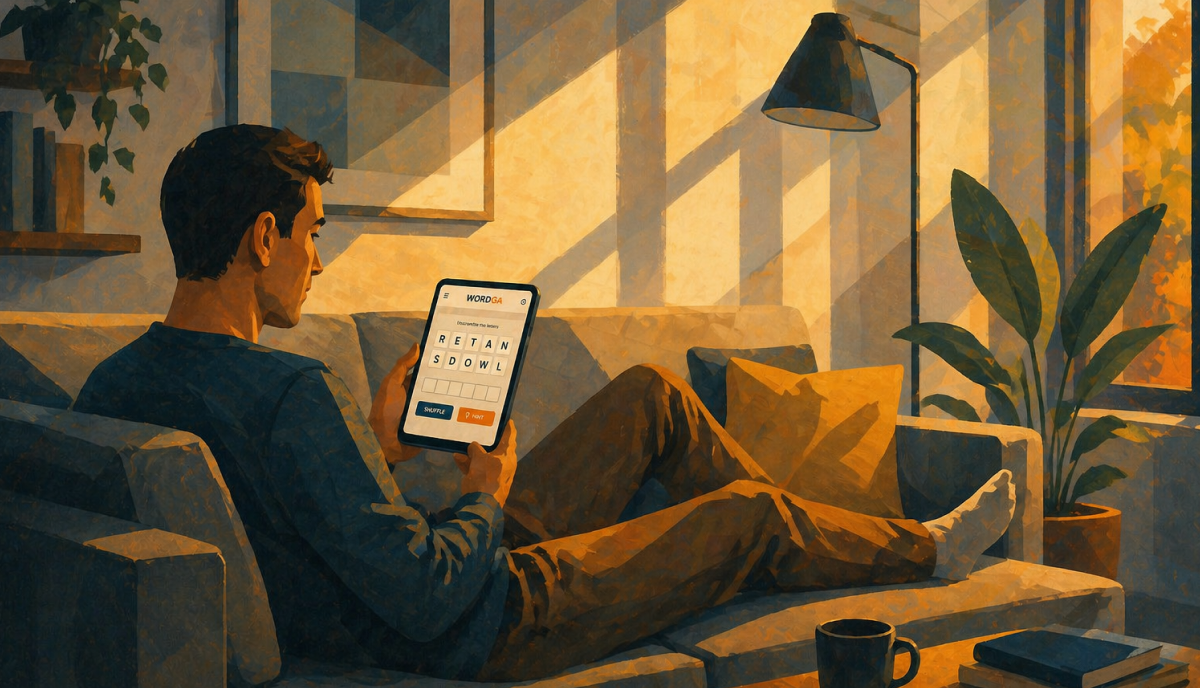 Person relaxing on a couch while focusing on a word scramble game on their phone.