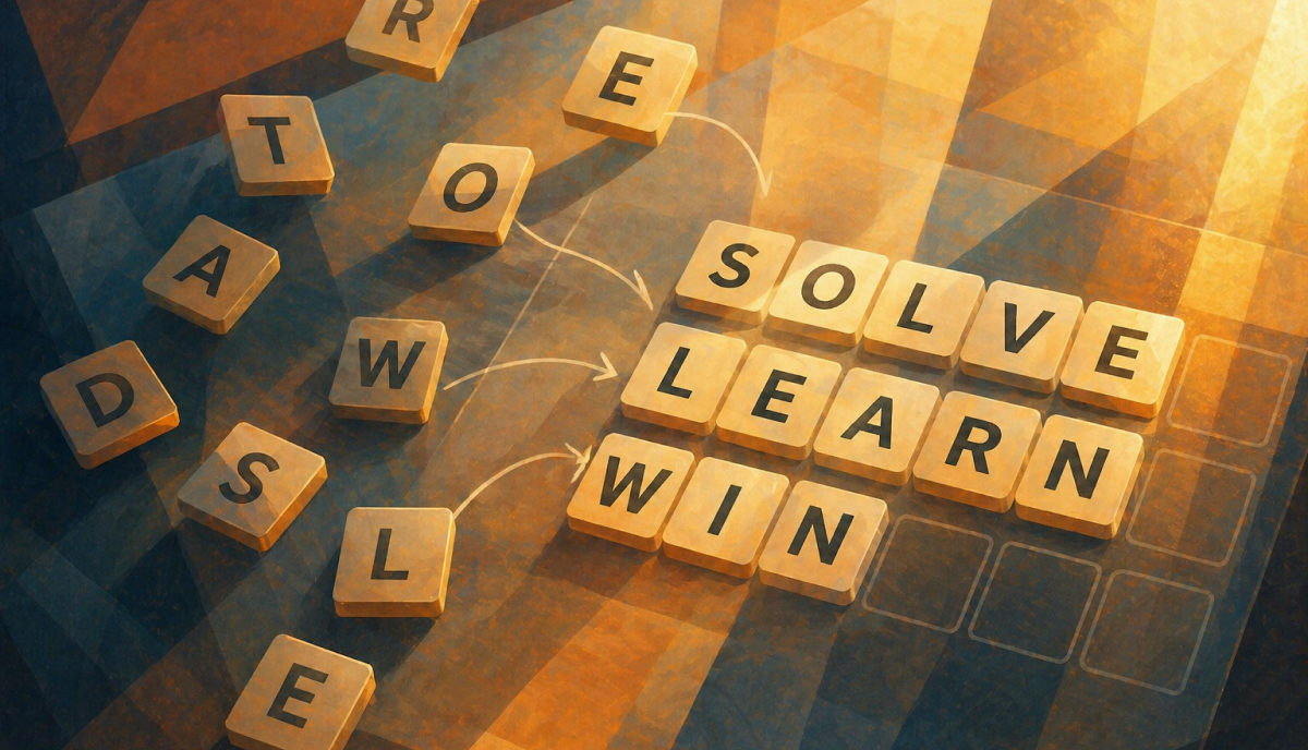 Abstract view of scrambled letters rearranging into words, representing problem-solving.