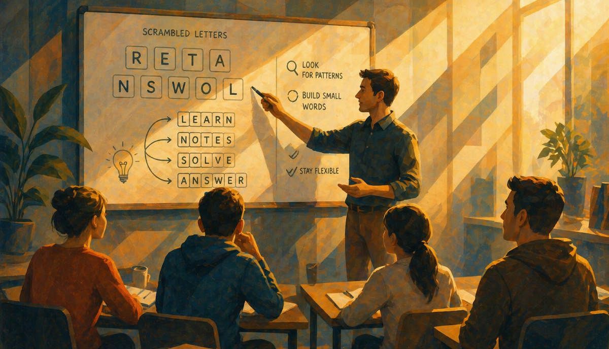 Instructor teaching strategies for solving word scrambles to a small group.