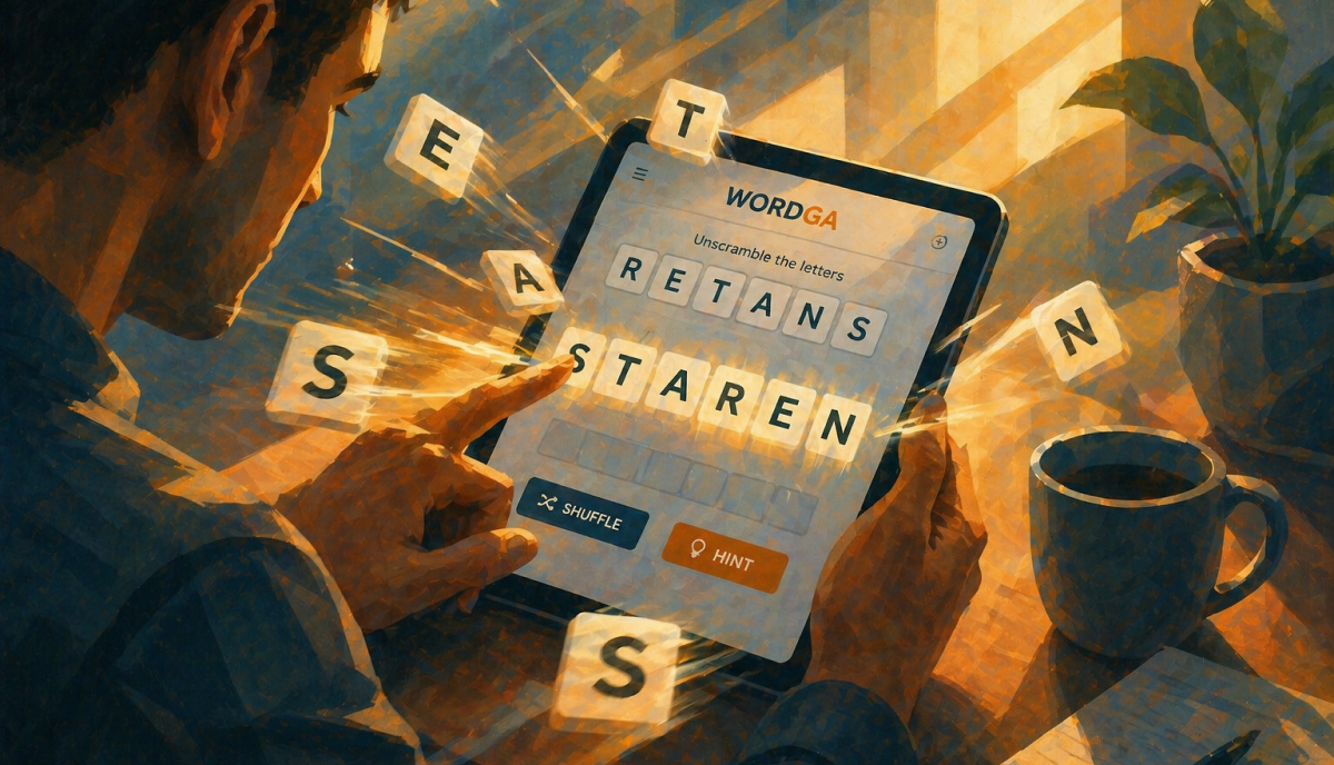 Word scramble puzzle being solved quickly as letters snap into place on a screen.