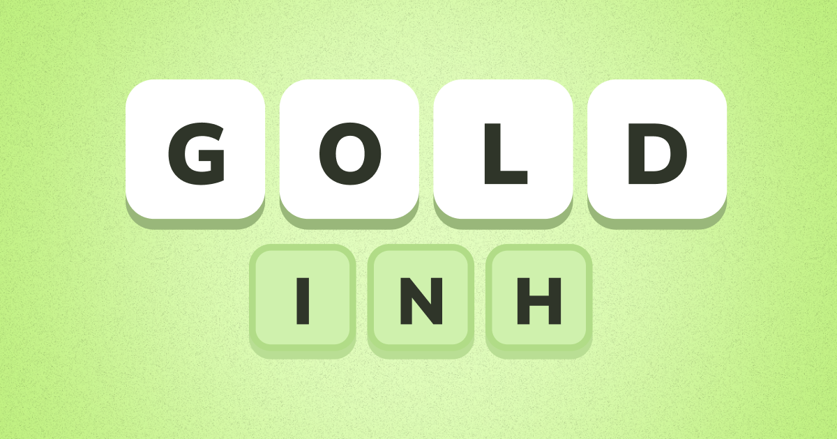 Word scramble puzzle showing the word “GOLD” formed from rearranged letters, with remaining letters “I,” “N,” and “H” displayed below on a green background.
