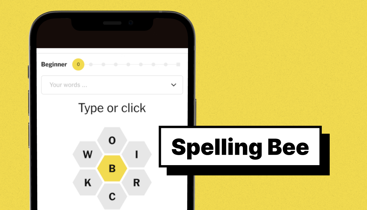 NYT Spelling Bee mobile game screen showing a hexagonal letter wheel with a highlighted center letter.