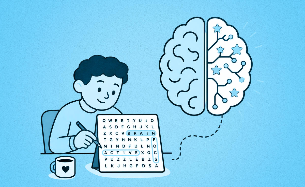 Person completing a word search puzzle beside a large brain illustration. A dotted path connects the puzzle to the brain, where yellow stars and organized neural pathways symbolize mental exercise, attention, and cognitive engagement.