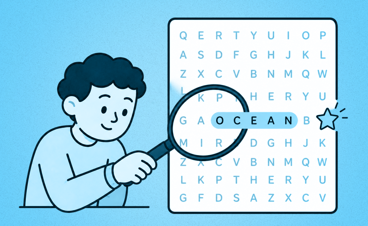 Person using a magnifying glass to search a word search grid. Most letters are muted gray while a hidden word is highlighted in yellow, ending with a yellow star to represent focus, selective attention, and processing speed.