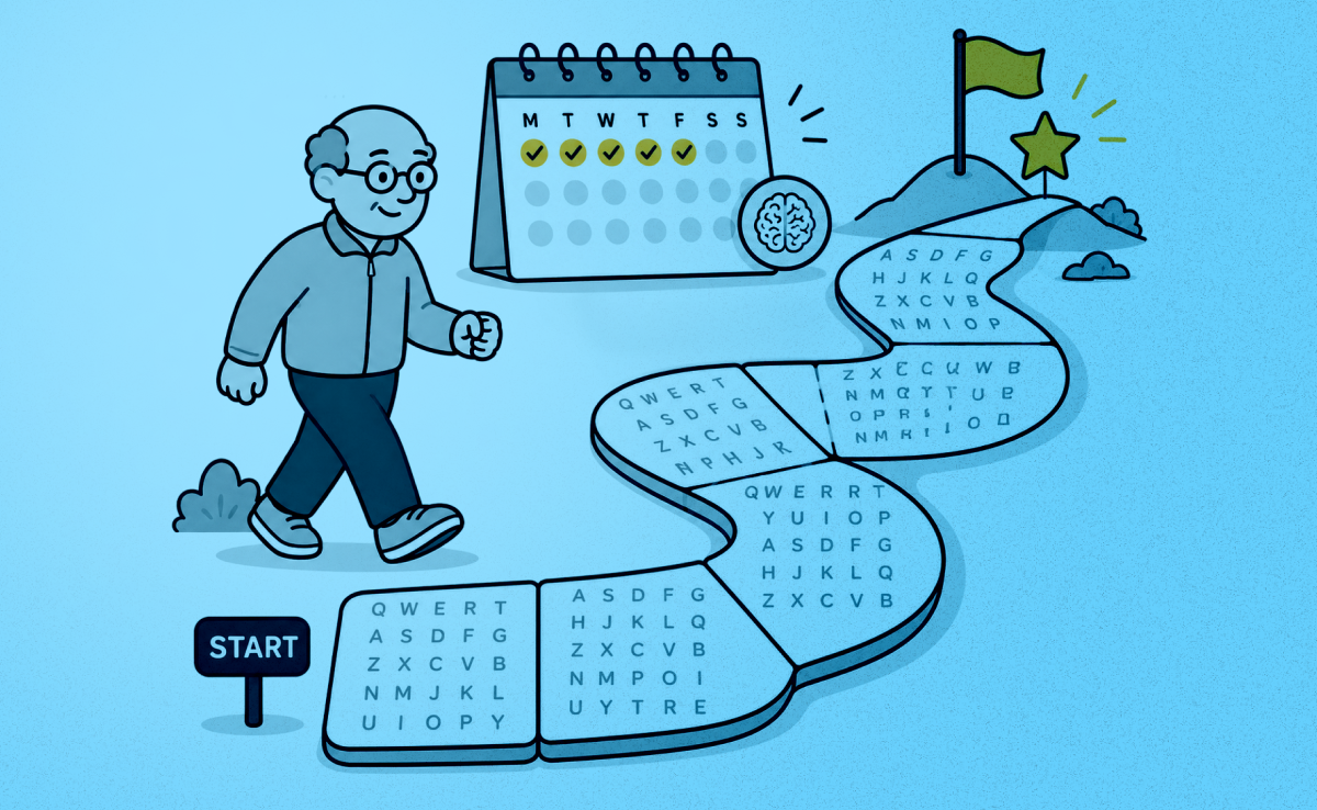 Senior adult walking along a winding path made of word search puzzle tiles. The path passes a calendar with completed days and leads to a yellow flag and star, symbolizing consistent practice, routine, and long-term cognitive engagement.