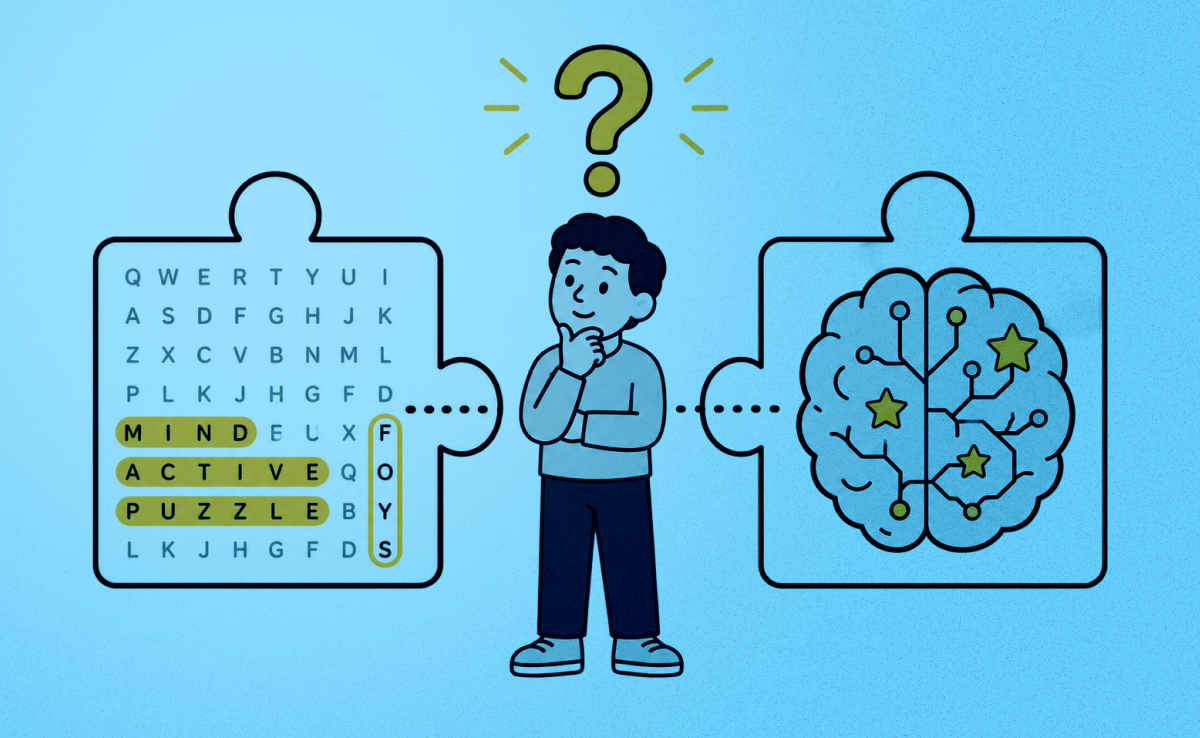 Person standing between two connected puzzle pieces, one containing a word search grid and the other a brain illustration. A yellow question mark floats between them, representing the scientific distinction between correlation and causation.