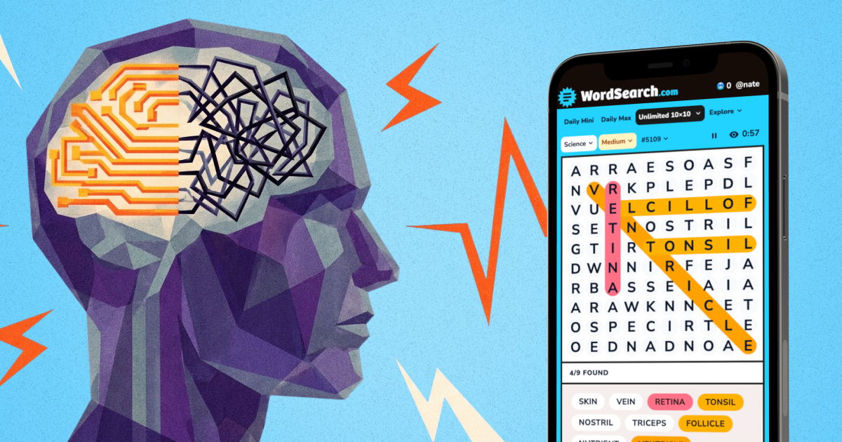 Illustration of a brain split between glowing circuitry and tangled neurons, next to the WordSearch.com app, representing word search puzzles and brain health