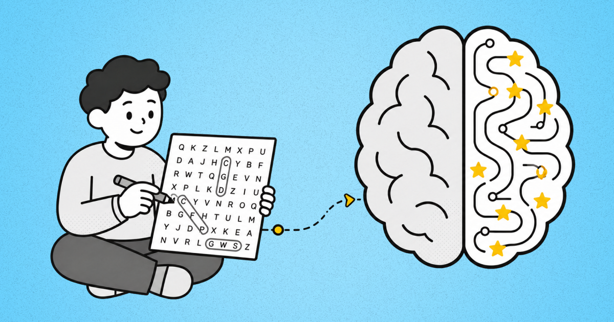 A student solves a word search beside a large brain, with a dotted path leading to organized pathways and yellow stars in one brain half.