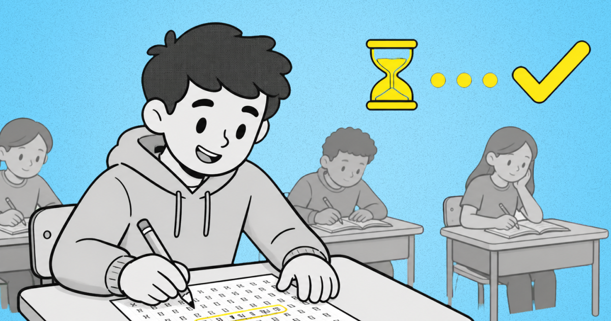 Five diverse middle-school students work at desks against a blue background; one raises a hand while two collaborate beneath a whiteboard with diagrams and yellow achievement symbols.