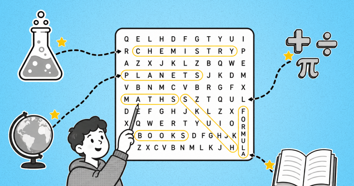 A student connects a central word search to a beaker, globe, math symbols, and book, with yellow stars marking completed links.