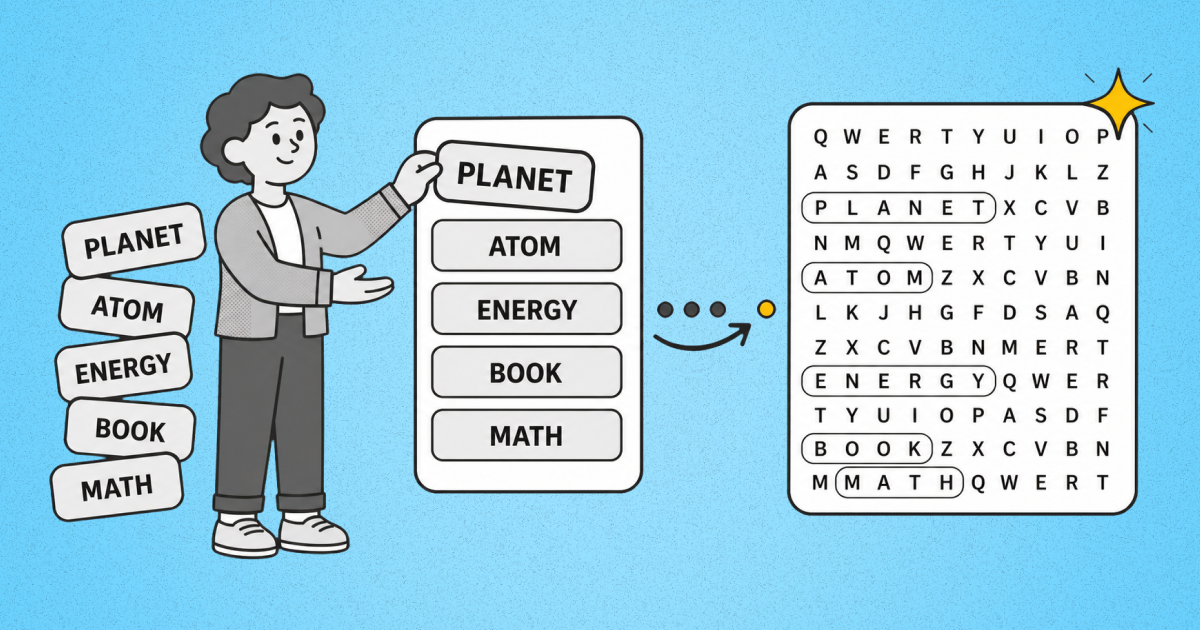 A teacher places vocabulary tiles into a simple puzzle maker that produces a completed word-search worksheet with a yellow sparkle.