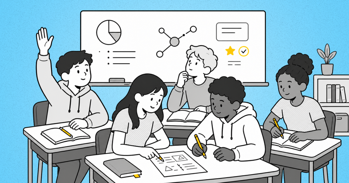 Five middle-school students study at desks; one raises a hand while two classmates collaborate on a worksheet.
